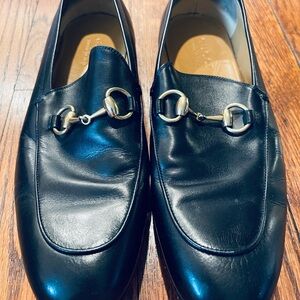 Gucci Black Leather Loafers with Gold Accents